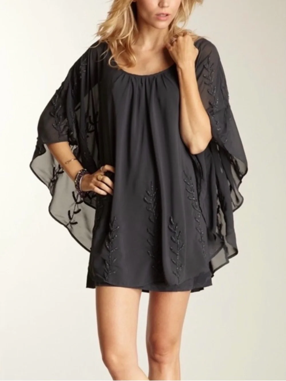 Free People Dark Gray Chiffon Mini Dress w/ Beaded Floral Accent Size Medium